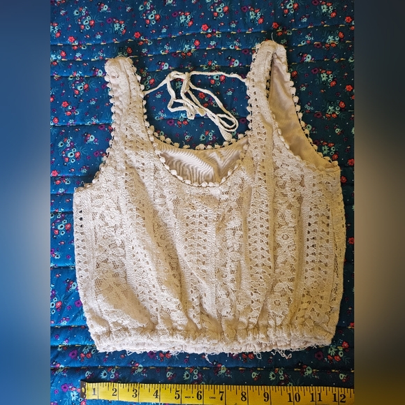 Womens Knit Lace Embroidered Crop Top Tie in Back Flowered Colorful Shirt - Picture 5 of 6